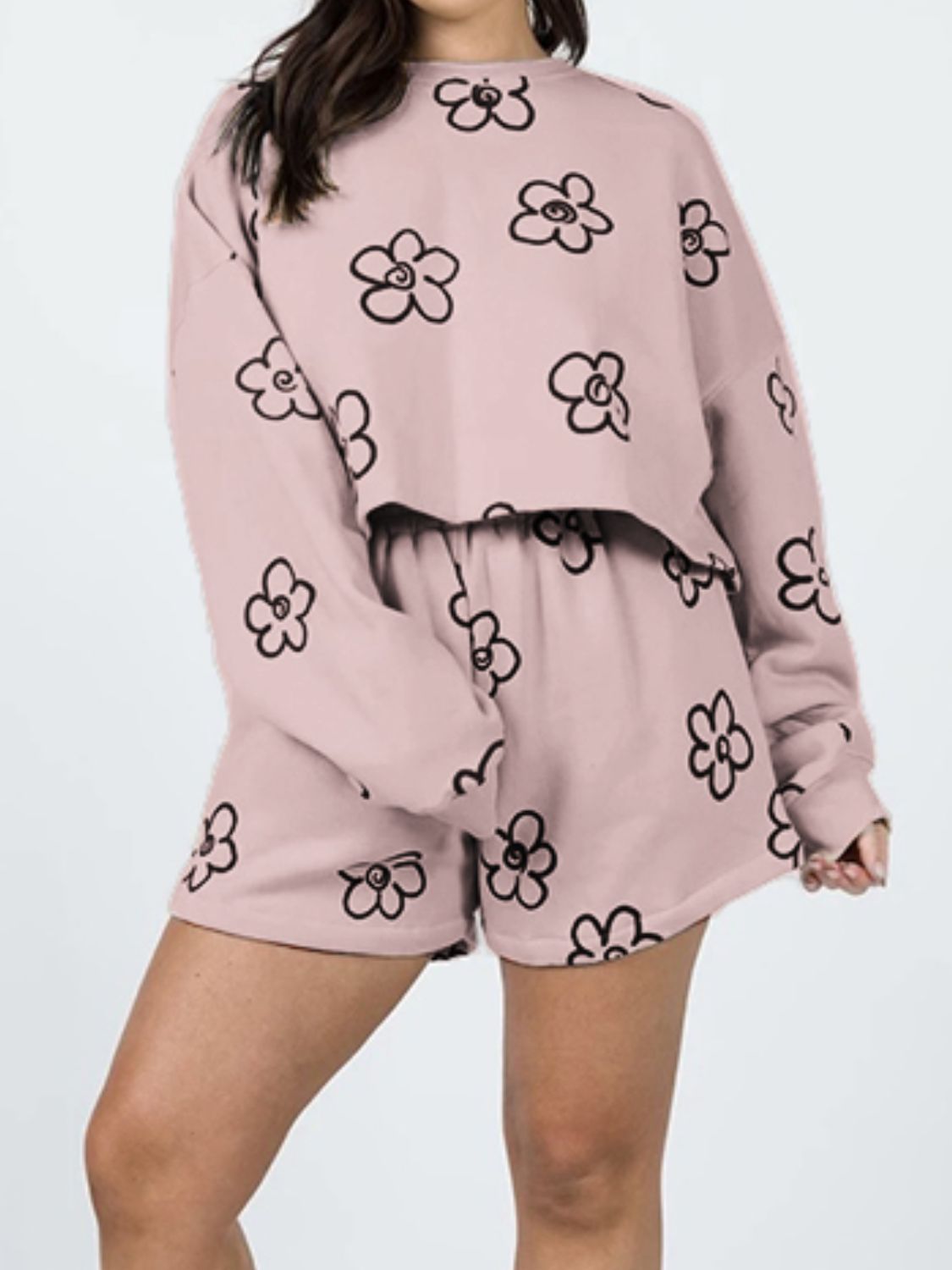 Floral Dropped Shoulder Sweatshirt and Shorts Set – Red