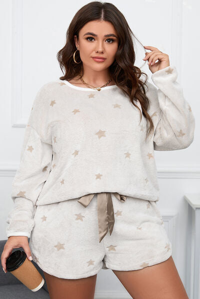 Plus Size Star Dropped Shoulder Top and Shorts Lounge Set