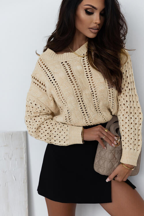 Full Size Openwork Cable-Knit Round Neck Knit Top