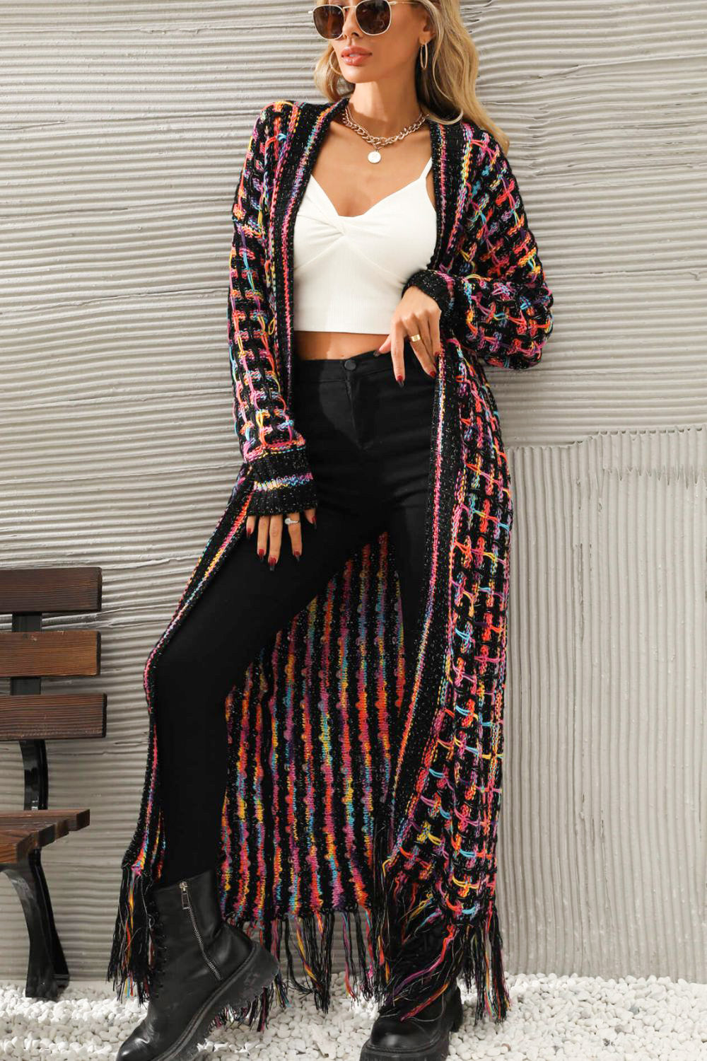 Multicolored Open Front Fringe Hem Cardigan