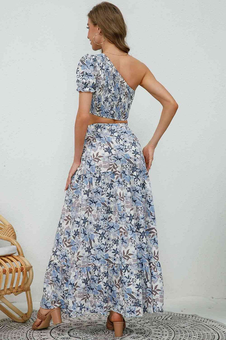 Printed Asymmetrical Cropped Top and Split Skirt Set