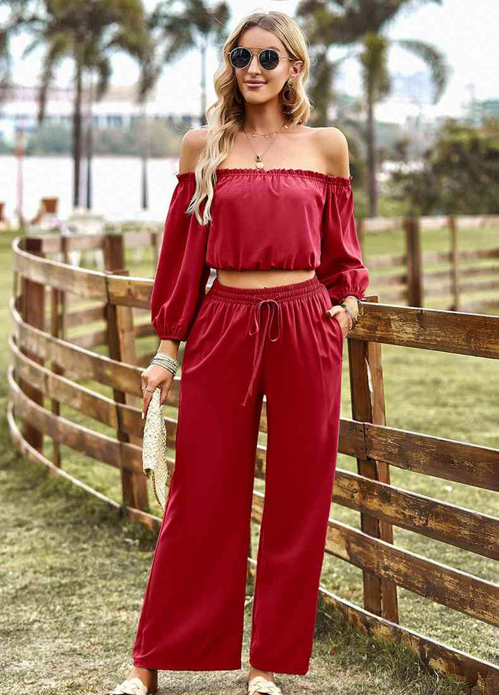 Off-Shoulder Blouse and Drawstring Waist Pants Set