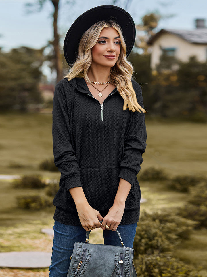 Cable-Knit Zip-Up Hooded Blouse