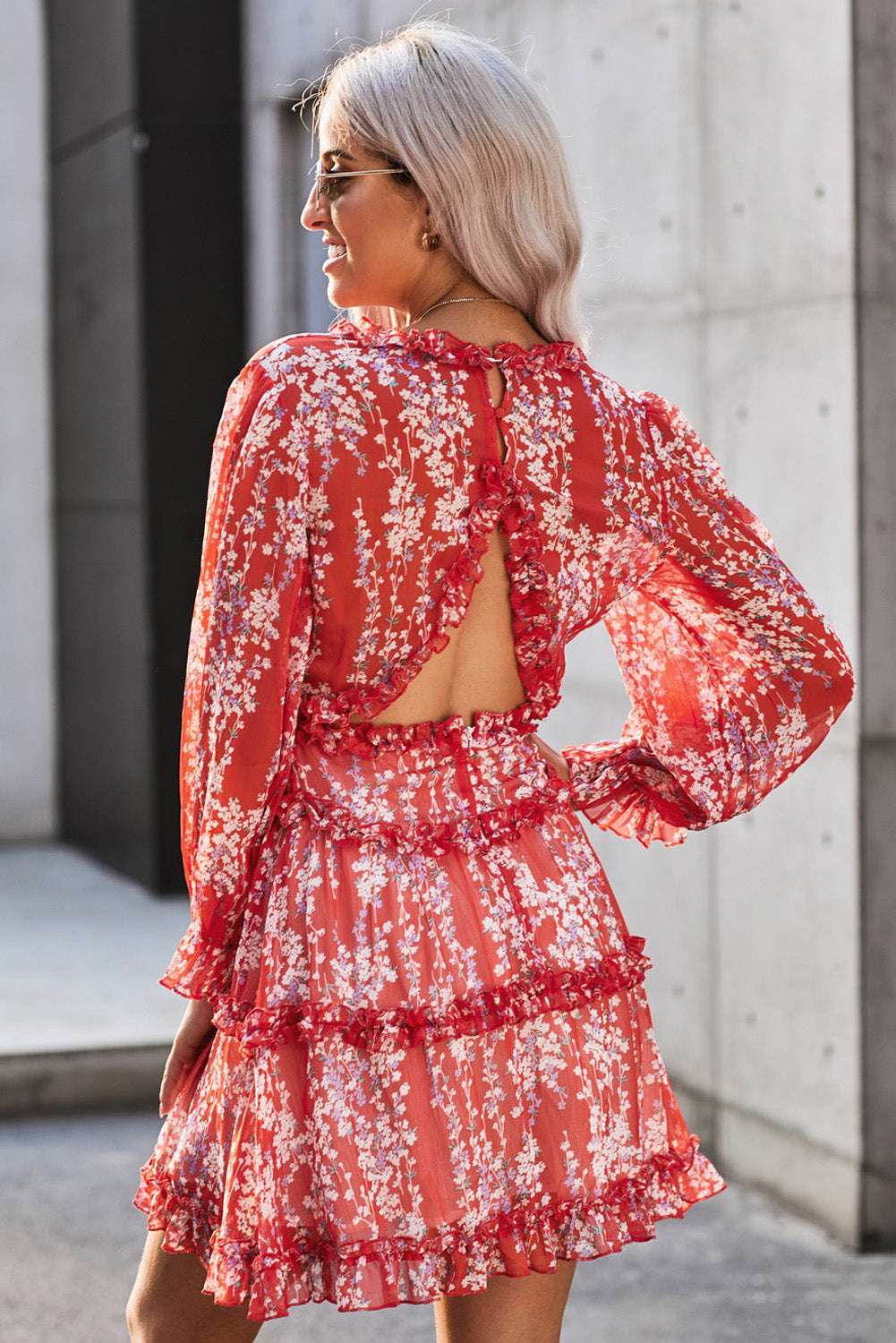 Floral Frill Trim Plunge Flounce Sleeve Dress