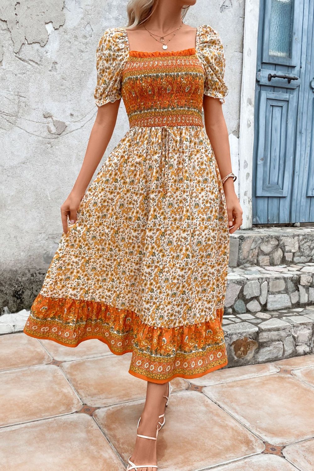 Bohemian Square Neck Puff Sleeve Dress