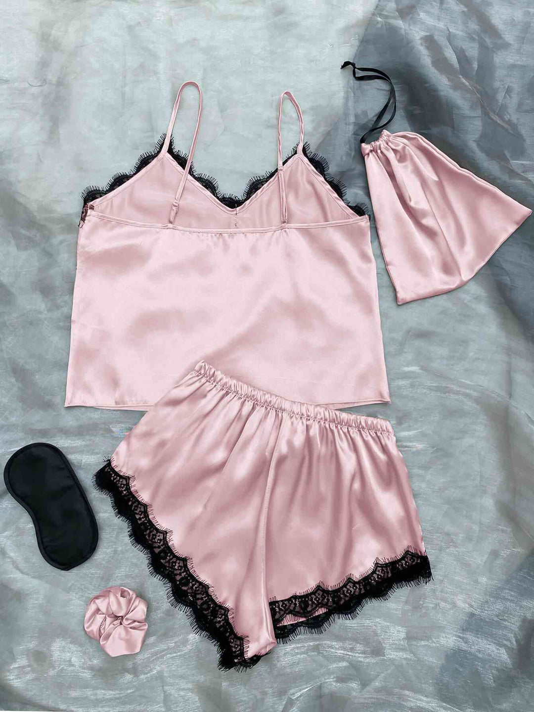 Lace Trim Cami, Shorts, Eye Mask, Scrunchie, and Bag Pajama Set