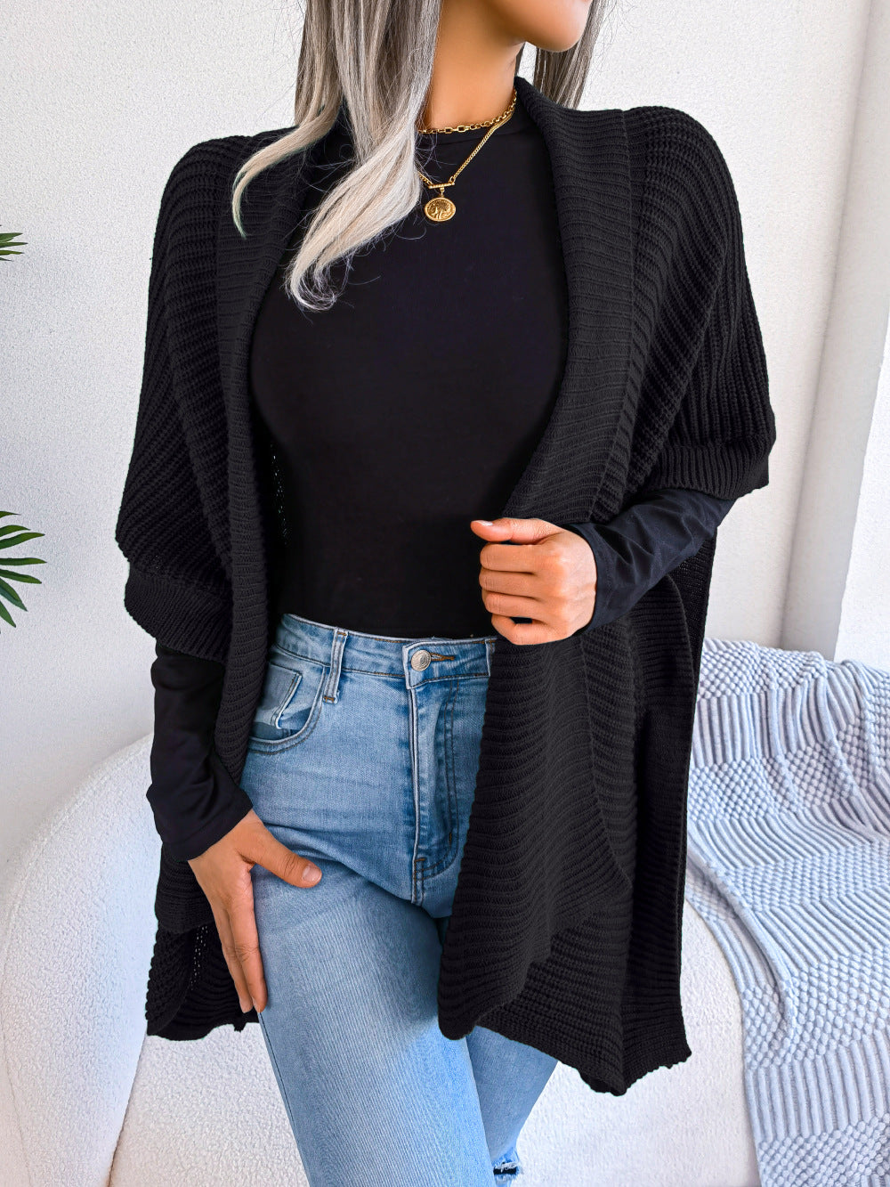 Horizontal Ribbing Open Front Slit Cardigan