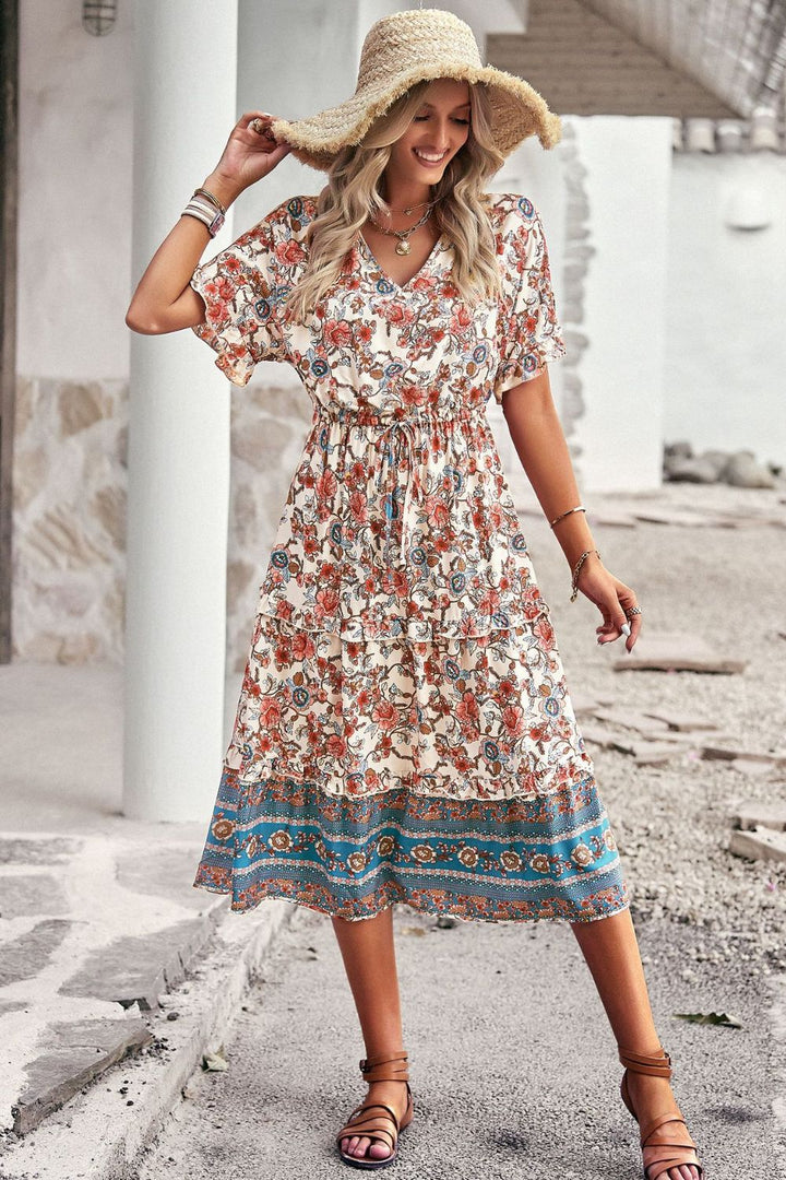 Drawstring V-Neck Short Sleeve Midi Dress