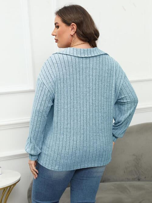 Plus Size Ribbed Collared Neck Long Sleeve Blouse