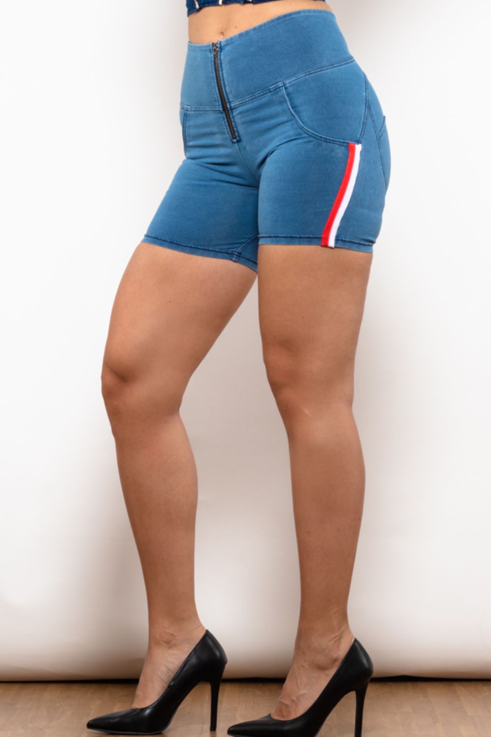 Full Size Side Stripe Zip Closure Denim Shorts