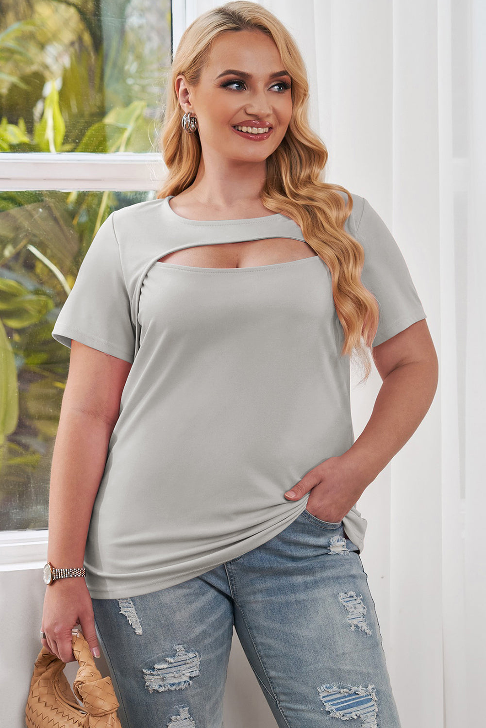 Plus Size Cutout Round Neck Short Sleeve Tee