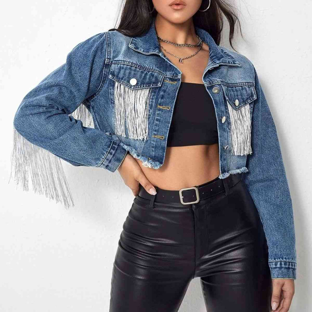 Fringe Detail Long Sleeve Cropped Denim Jacket