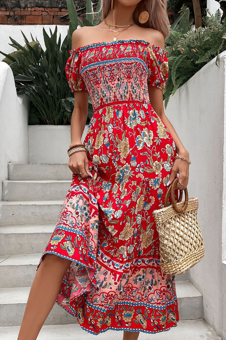 Floral Off-Shoulder Smocked Midi Dress