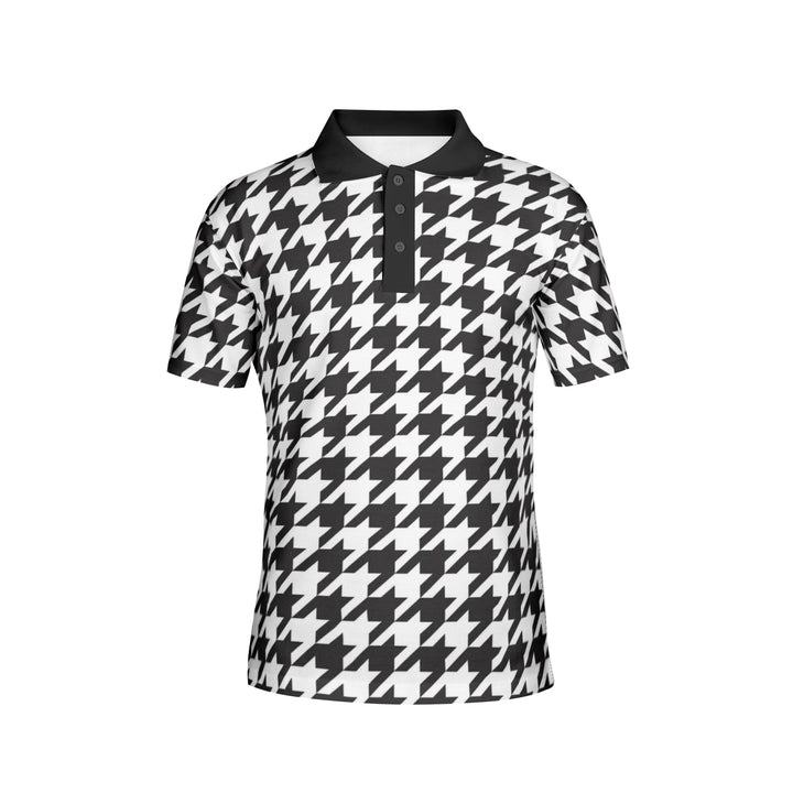 Black Houndstooth Print Polo Shirt