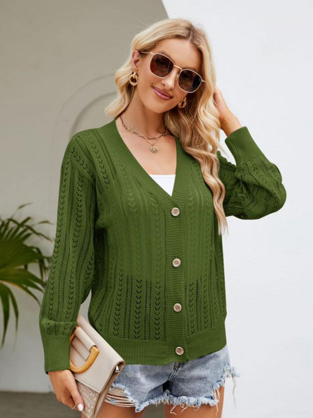 Button Down Ribbed Trim Cardigan