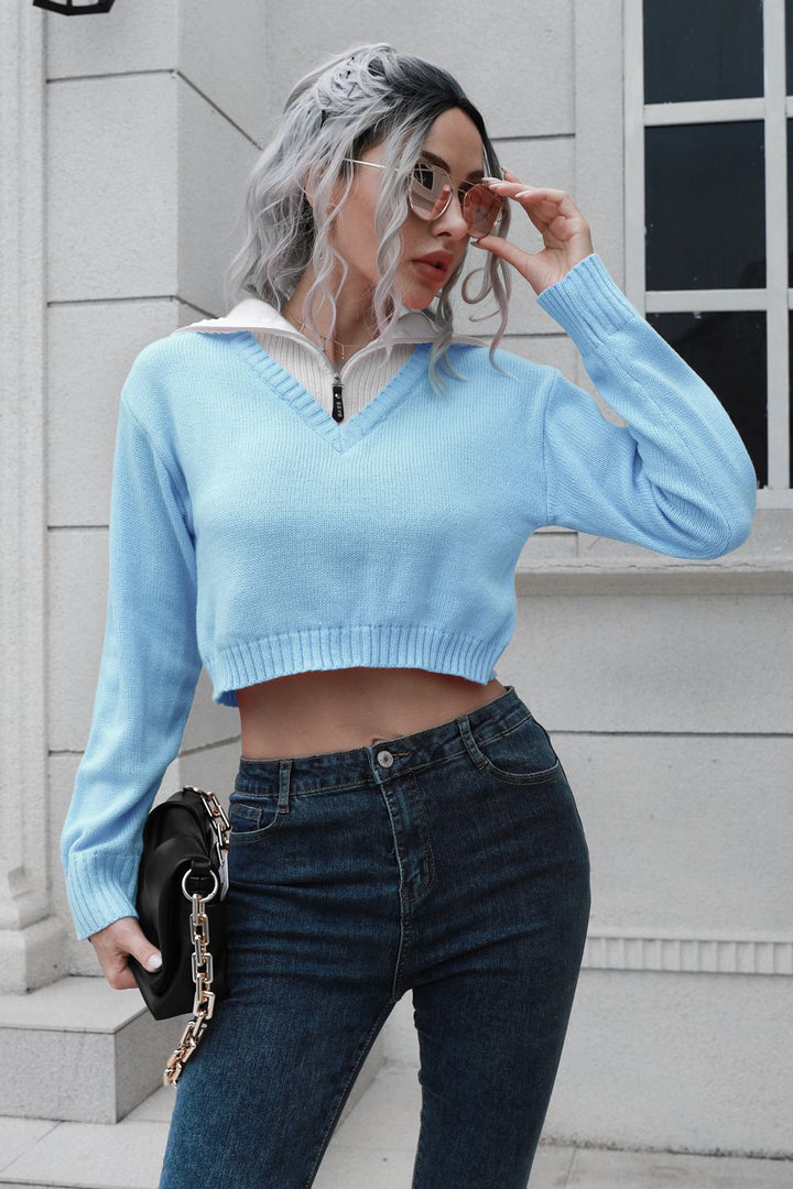 Contrast Collared Cropped Sweater