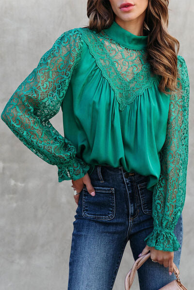 Lace Detail Mock Neck Flounce Sleeve Blouse