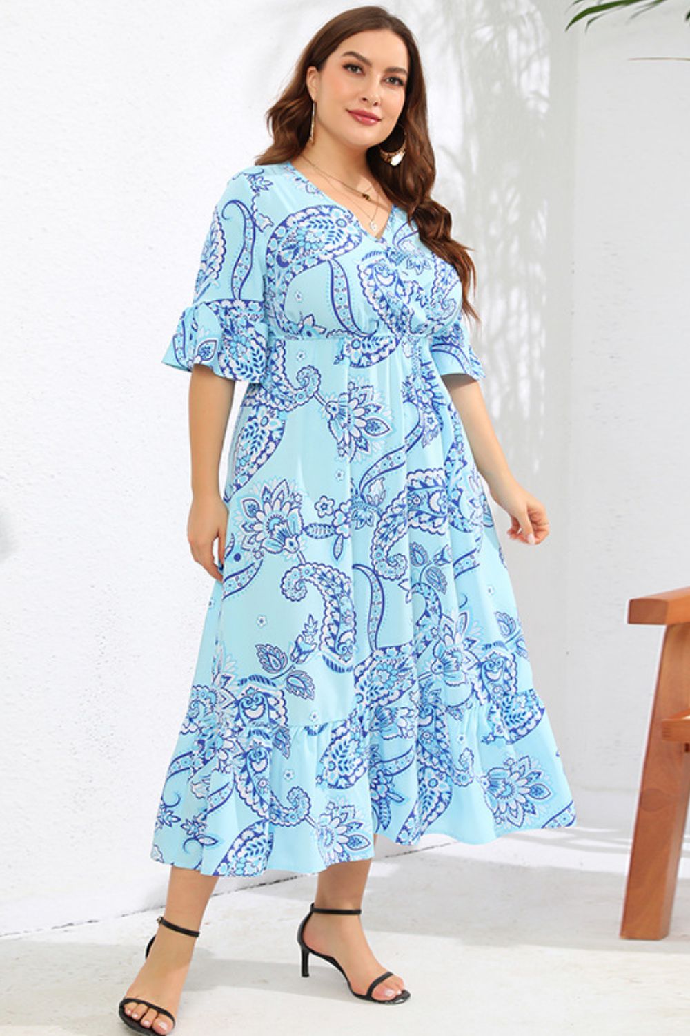 Full Size V-Neck Flounce Sleeve Midi Dress