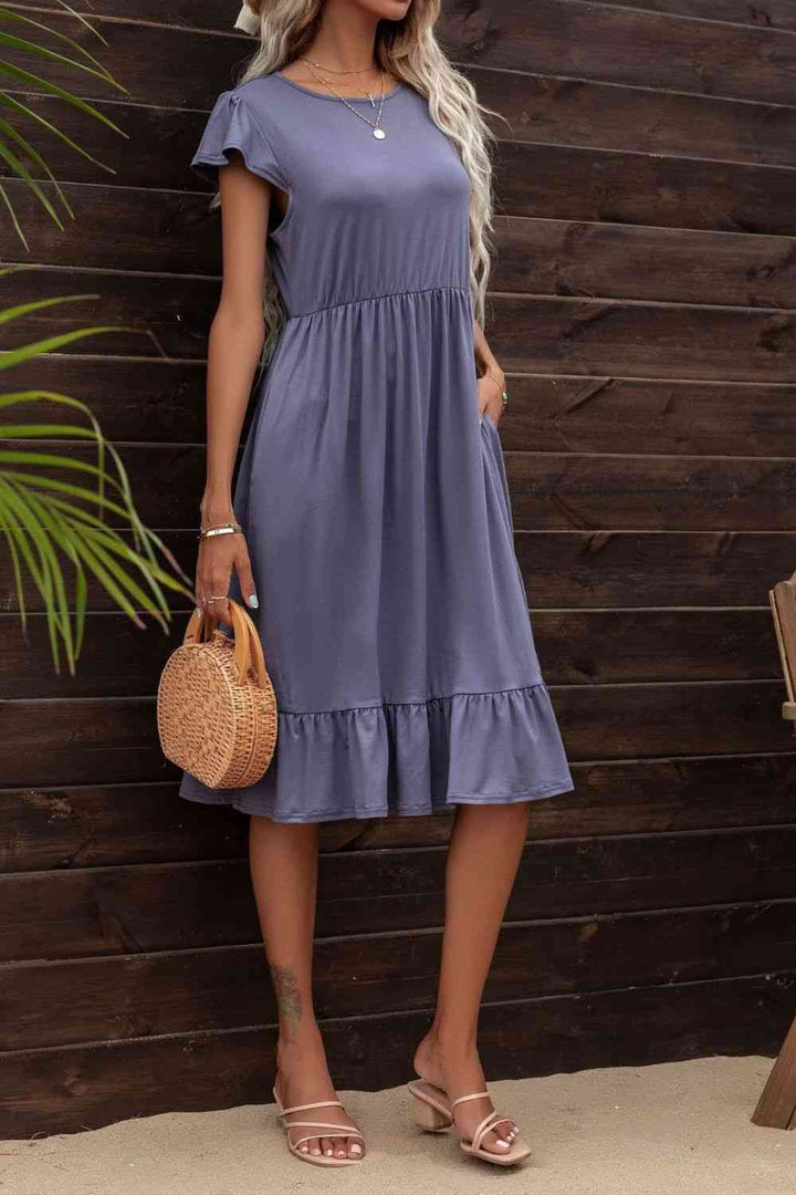 Round Neck Ruffle Hem Pocket Dress