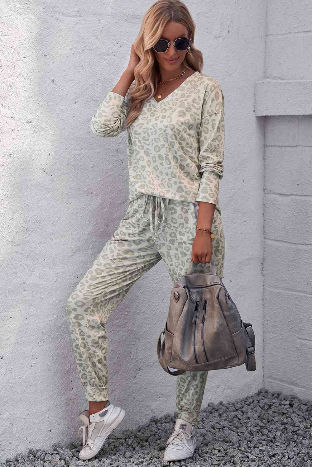 Leopard V-Neck Top and Drawstring Joggers Lounge Set